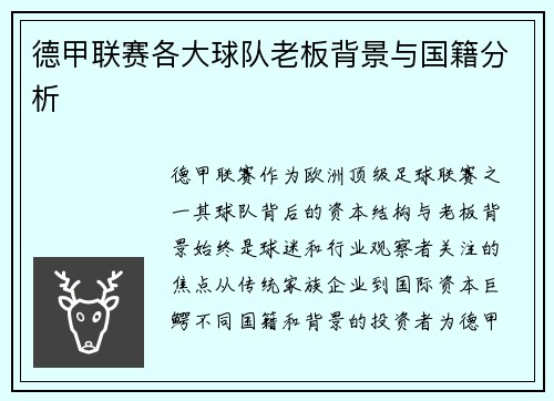 德甲联赛各大球队老板背景与国籍分析